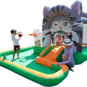 Cat-Themed Inflatable Bounce House with Slide & Ball Pit