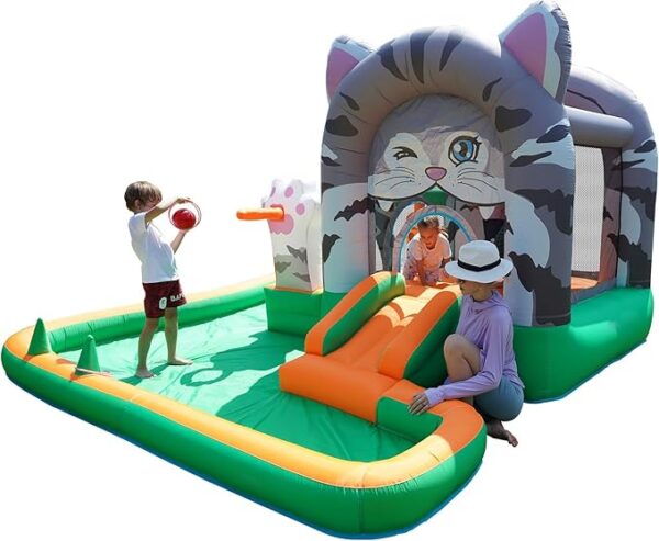 Cat-Themed Inflatable Bounce House with Slide & Ball Pit