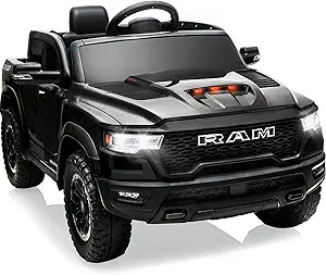 12V Licensed Ram 1500 Ride-On Truck – Parent Remote, Truck Bed Storage, 3-Point Safety Belt, Black.