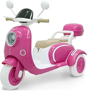Girls 12V Electric Motorcycle – 2 Seats, 3-Wheel Design, Dual Motor, Storage Compartments, Rose Color, for Kids Ages 3-6.